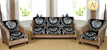 Nendle Floral Design Chenille 5 Seater Sofa Covers Set (Black, Set of 6 Pieces)